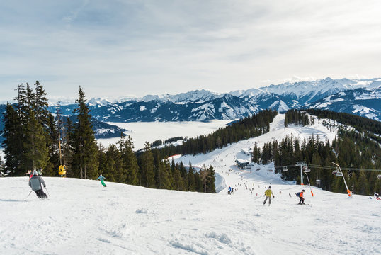 Sunny view of ski slope near Zell am Zee, Austria.