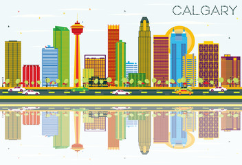 Calgary Skyline with Color Buildings, Blue Sky and Reflections.