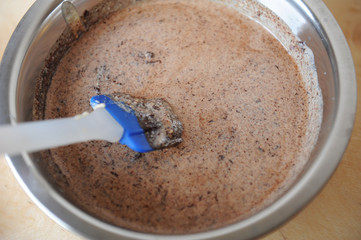 Mixing the melted chocolate and liquid cream. The process of preparing dessert