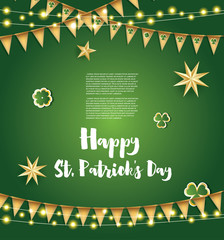 Saint Patrick's Day Background with Golden Flags, Stars and Clover Leaves.