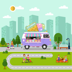 Flat design vector illustration of City landscape with ice cream van. Mobile retro shop truck icon with signboard with big ice cream cone. People spend time in park, eating, walking, eating.