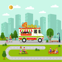 Flat design vector illustration of City landscape with cartoon fast food van. Mobile retro shop truck icon with signboard with big slice of pizza in heart shape. People spend time in park