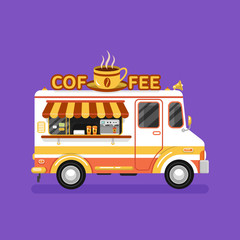 Flat design vector illustration of coffee van. Mobile retro vintage shop truck icon with signboard with big hot cup of coffee. Side view, isolated. Hot drinks on wheels concept.