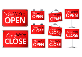 variety modern open close plate sign on isolated white background