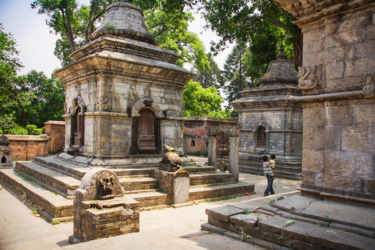 Children among votive temples and shrines at Hindu Pashupatinath Temple, Kathmandu, Nepal, Asia. Pashupati religious complex for Shiva God is one of the oldest in Kathmandu valley.