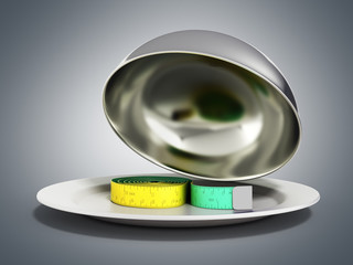 Concepts for a healthy food measure tape in Restaurant cloche with open lid 3d render on grey gradient