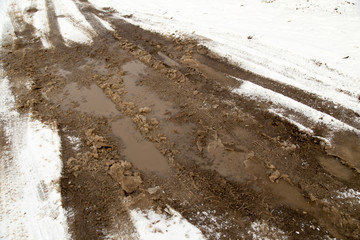 puddle on the road in winter