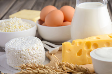 Verse zuivelproducten. Melk, kaas, brie, Camembert, boter, yoghurt, kwark en eieren op houten tafel.