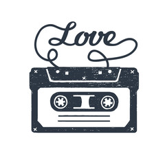 Hand drawn 90s themed badge with cassette tape textured vector illustration and "Love" inspirational lettering.