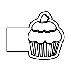 monochrome contour of cupcake with strawberry and banner vector illustration