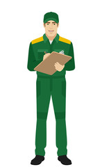 Man in uniform writes on the clipboard closeup