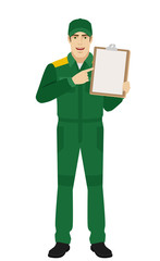Man in uniform pointing the finger to clipboard