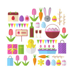 Decorated Colorful Eggs Rabbit Easter Holiday Symbols Icon Set Greeting Card Vector Illustration