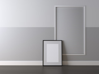 Blank frame poster mockup on the floor in the interior. 3d rendering