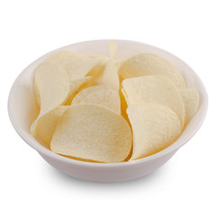 side view  of potato snacks in a white bowl isolated on white