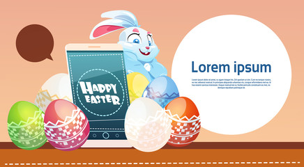 Rabbit Hold Cell Smart Phone Decorated Colorful Eggs Easter Holiday Symbols Greeting Card Vector Illustration