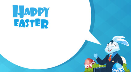 Rabbit Wear Suit Decorated Colorful Eggs Easter Holiday Symbols Greeting Card Flat Vector Illustration