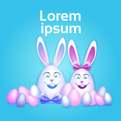Decorated Colorful Eggs Rabbit Easter Holiday Symbols Greeting Card Vector Illustration