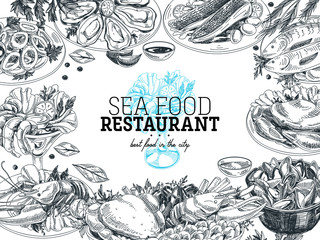 Vector hand drawn sea food Illustration. 