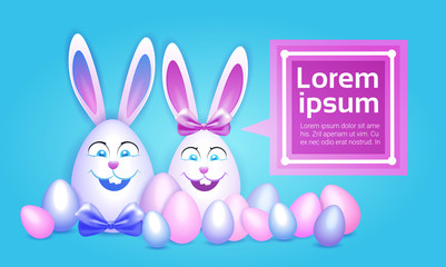 Decorated Colorful Eggs Rabbit Easter Holiday Symbols Greeting Card Vector Illustration