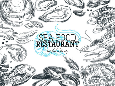 Vector hand drawn sea food Illustration. 