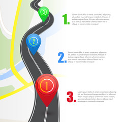 Road infographic with red pointers, vector illustration