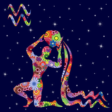Zodiac sign Aquarius with flowers fill over starry sky