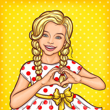 Vector pop art smiling little girl showing heart sign