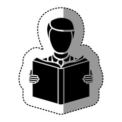 black silhouette sticker with man reading a book vector illustration