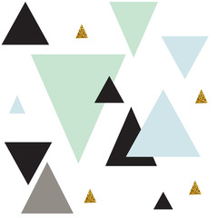 Abstract  geometric seamless repeat pattern with glitter texture. Black, pink and gold triangles on white.