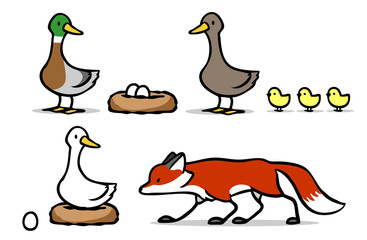 Fuchs mit Gans und Enten mit Nest und Eiern