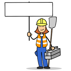 Frau als Bauarbeiterin hält Schild hoch