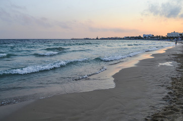 Seashore in the evening at sunset. Greece