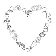 Collection of Irish symbols. Heart shape background. Leprechauns Hat, Horseshoe, Pot of gold, Flag, Beer Mug, Rainbow, Clover