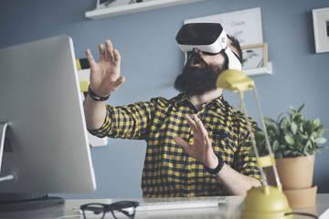 Close up of man wearing virtual reality headset