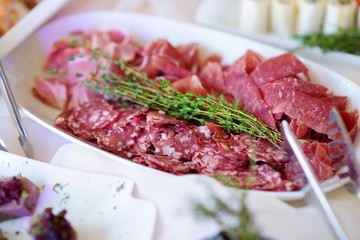 Delicious assorted wine snacks served on a party or wedding reception