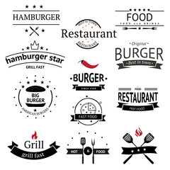 Burger icons, labels, signs, symbols and design elements. Vector collection of fast food badges.