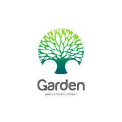 Vector logo template. Green tree in the circle. Garden