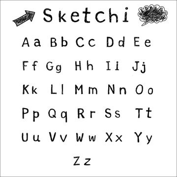 Hand drawn sketch alphabet. Handwritten font. Isolated on white background. Letters, uppercase, lowercase. Vector illustration.