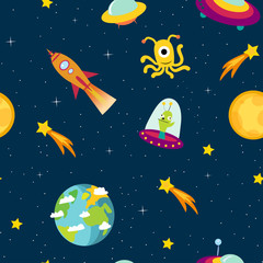 Outer space: stars, moon, planets and an astronaut with a flag in his hand