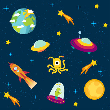 Outer space: stars, moon, planets and an astronaut with a flag in his hand