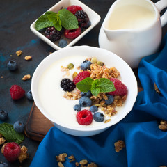 Greek yogurt with granola and fresh berries.