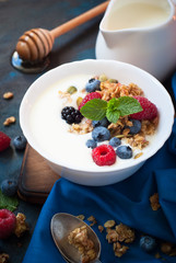 Greek yogurt with granola and fresh berries.
