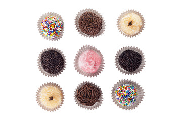 Traditional candy from Brazil called brigadeiro over white background