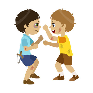 Two Bad Boys Fighting, Part Of Bad Kids Behavior And Bullies Series Of Vector Illustrations With Characters Being Rude And Offensive