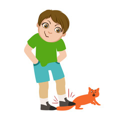 Boy Stepping On Cats Tail, Part Of Bad Kids Behavior And Bullies Series Of Vector Illustrations With Characters Being Rude And Offensive