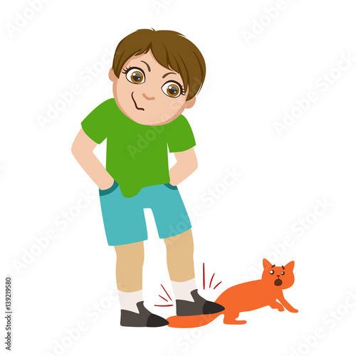 "Boy Stepping On Cats Tail, Part Of Bad Kids Behavior And Bullies