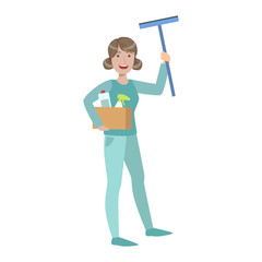 Woman With Box Of Household Chemicals And Squeegee, Cartoon Adult Characters Cleaning And Tiding Up