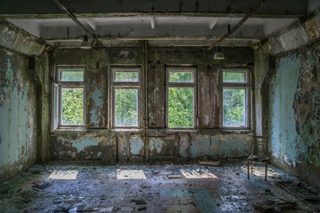 empty room in barracks of Chernobyl-2, military base next to Duga-3 Soviet radar, Ukraine