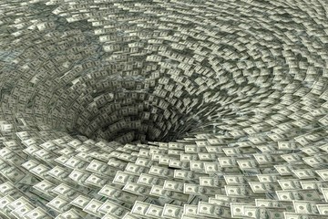 Money are falling in black hole. Economy crisis and bankruptcy concept.